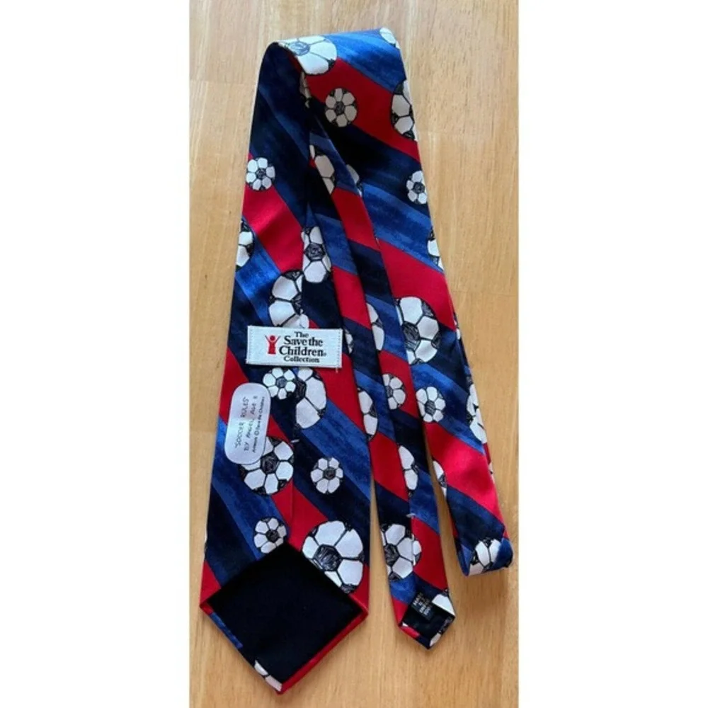 Save The Children Soccer Rules Red Blue Striped Silk 3.75” Made In USA Men’s Tie